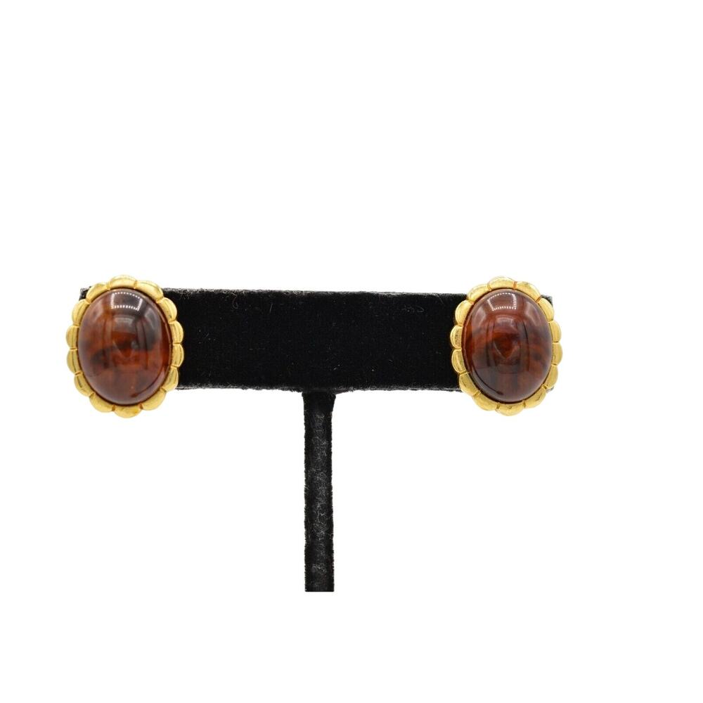 Cabochon Post Oval Earrings Brushed Gold Tortoise Amber Vintage 1980s Bin1
